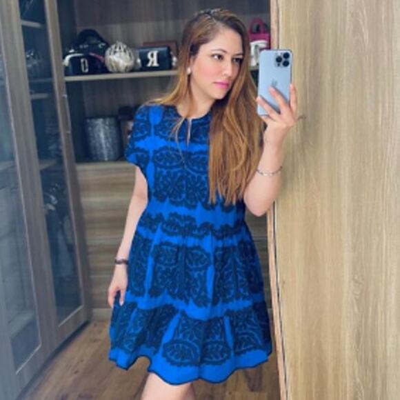 Zara Cobalt Blue Floral Embroidered Boho Mini Dress Baby Doll Tent Dress Medium - Picture 1 of 11